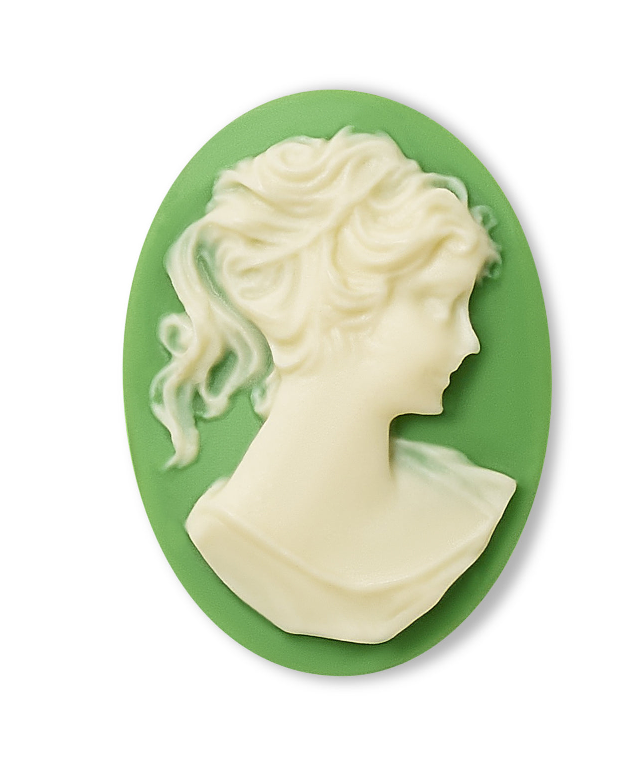 White silhouette of a woman on a green oval background