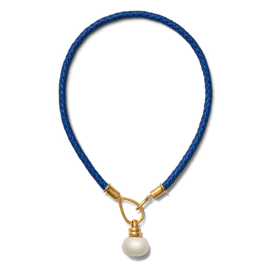 Load image into Gallery viewer, Lasso Pearl Cadet Blue Leather  in gold with white pebble
