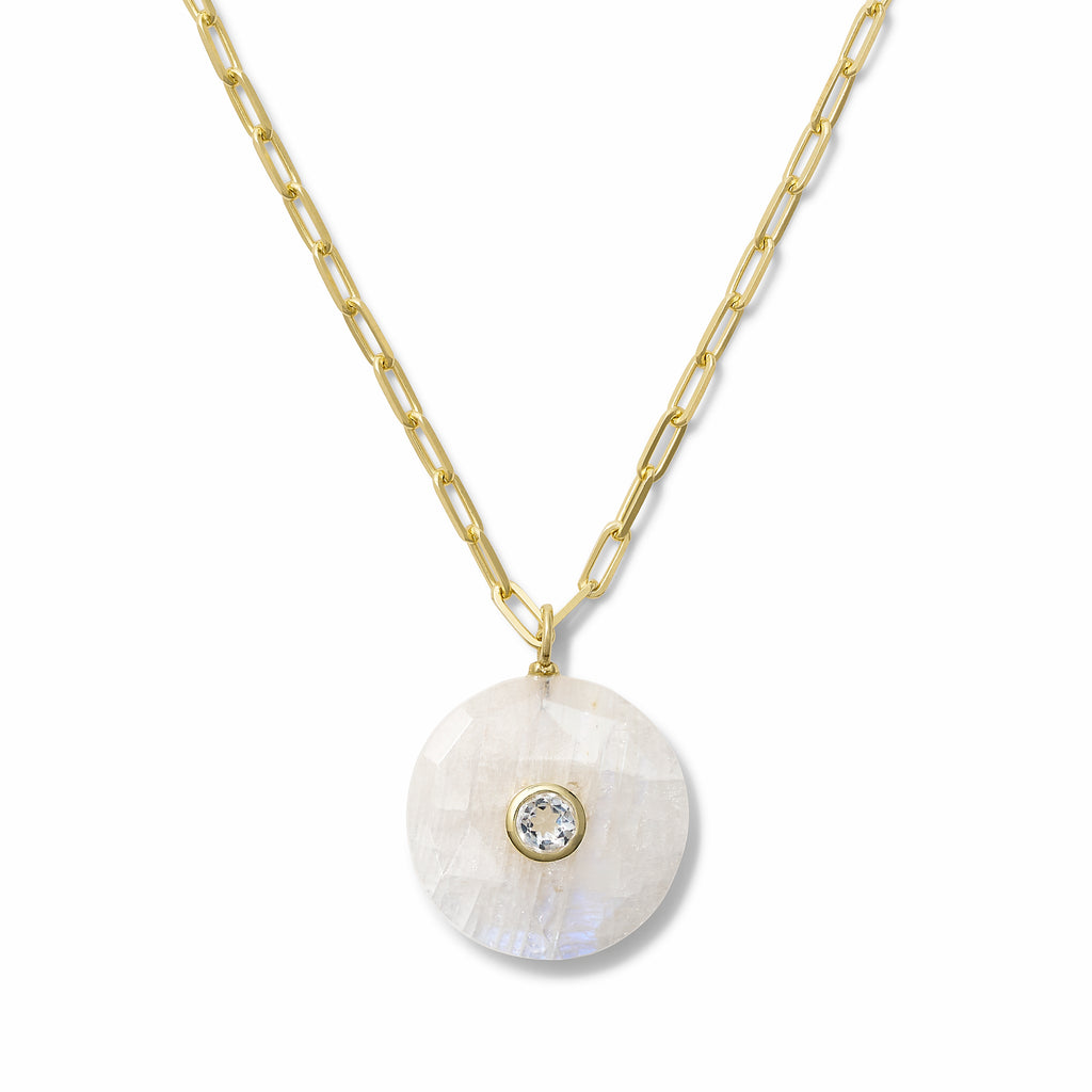 Moonstone + Quartz Crystal Disc Pendant