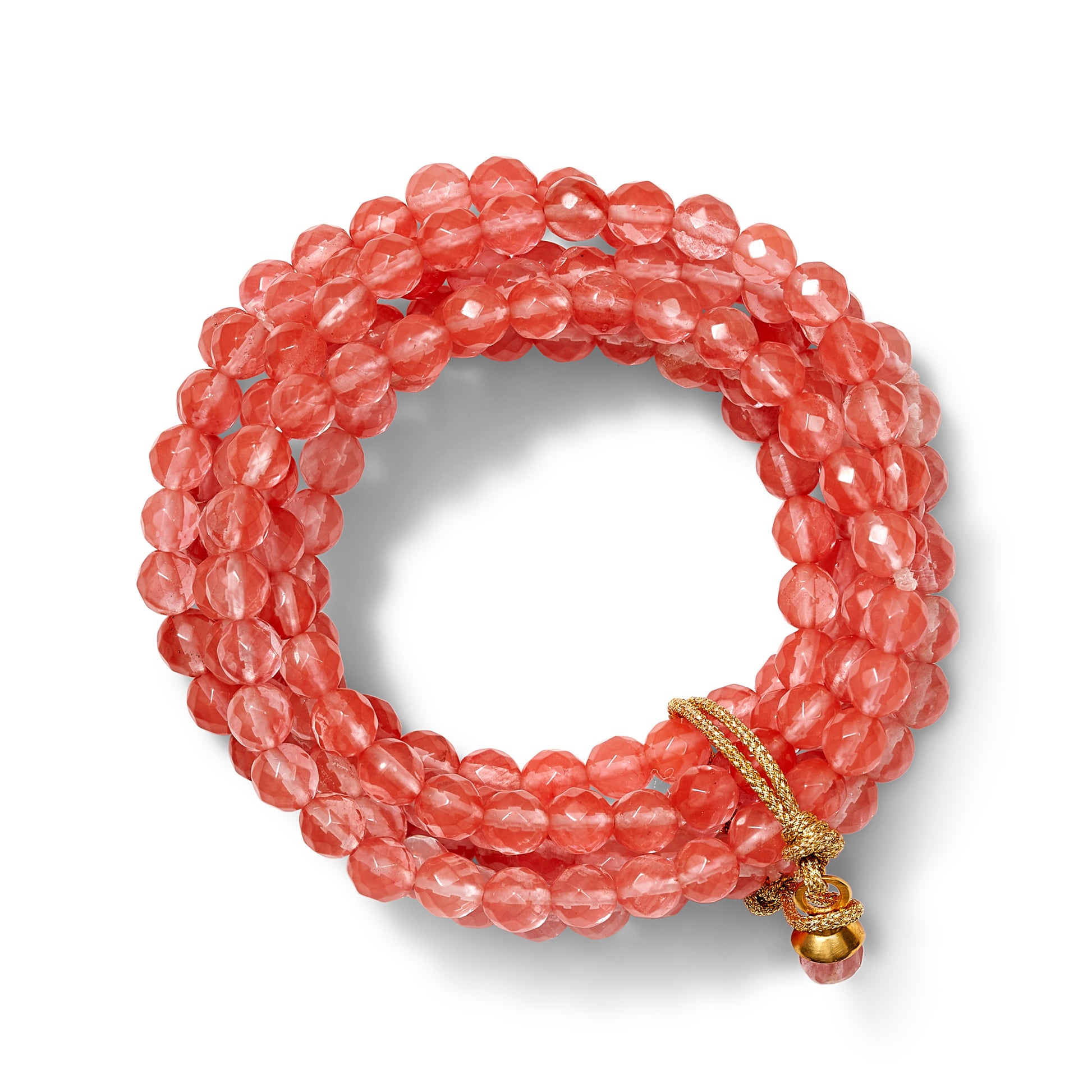 Pink beaded bracelet with a gold clasp on a white background