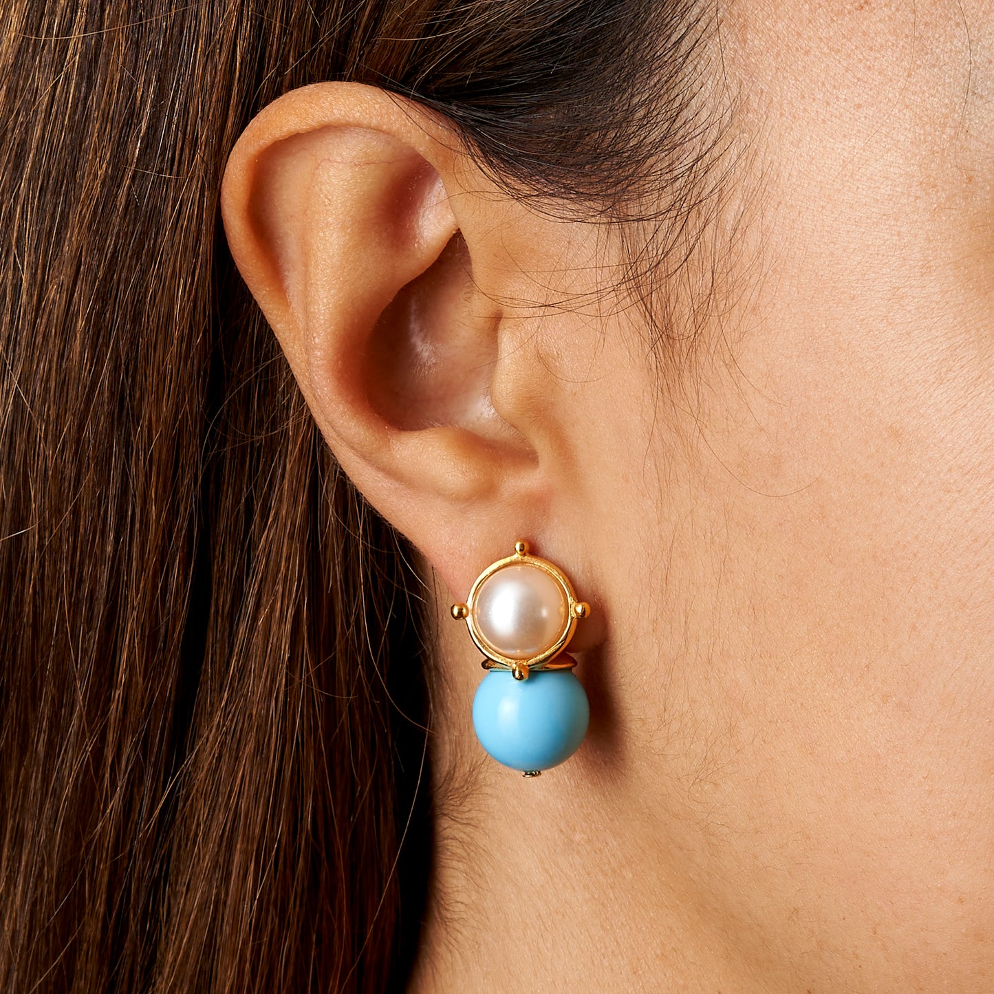 Load image into Gallery viewer, model  with Turquoise + White Lady Earring
