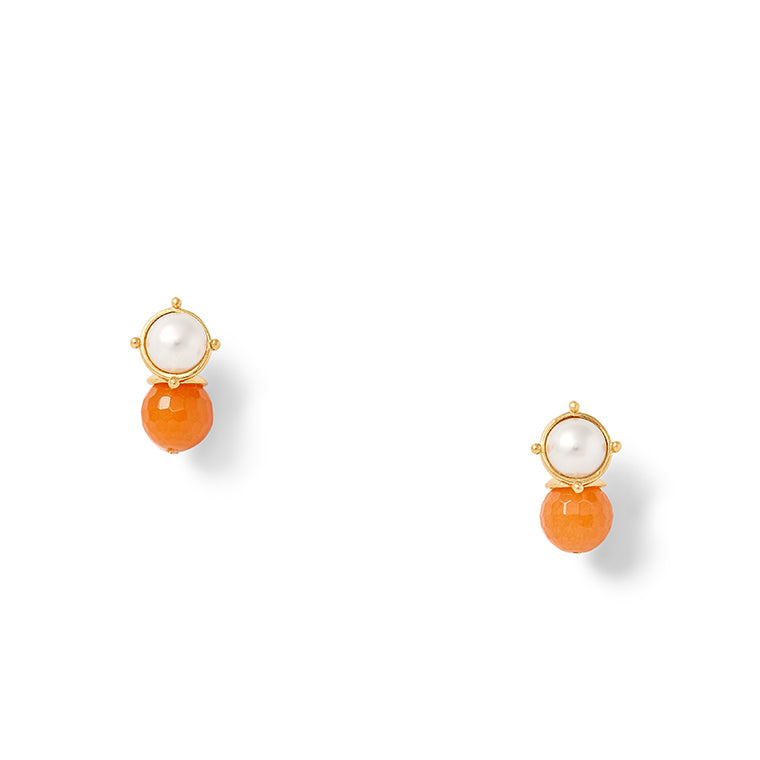 Creamsicle Lady Earring : 10mm white mother of pearl cabochon top and range quartz drop.